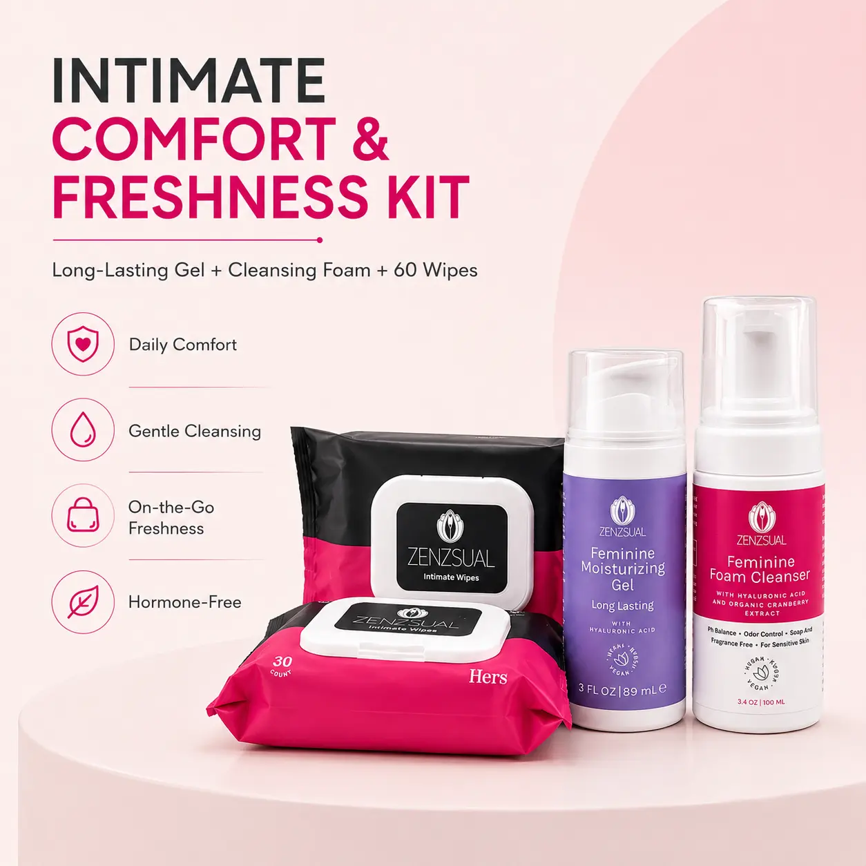 Zenzsual Women's Daily Feminine Care Intimate Comfort & Freshness Kit - Aloe-Infused Long-Lasting Moisturizing Gel, Cranberry-Enhanced Cleansing Foam, Intimate Wipes