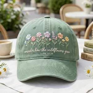 Christian Bible Verse Hat – “Consider How the Wildflowers Grow” Embroidered Cap, Floral Faith Hat, Religious Gift for Women