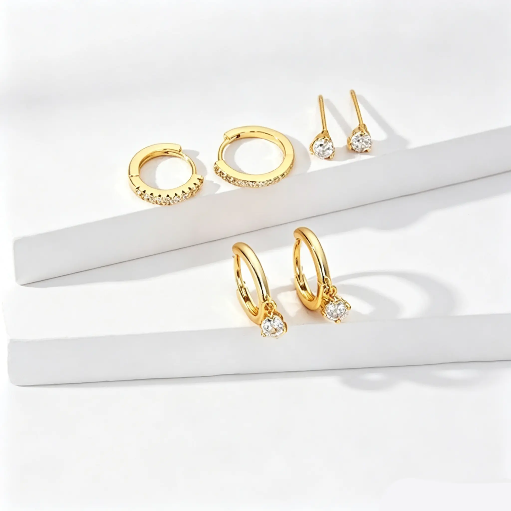 3 Pairs Gold Plated Everyday Elegance Earring Set - Stackable Huggie Hoops, CZ Studs, Gold Hoop Earrings Gift Set
