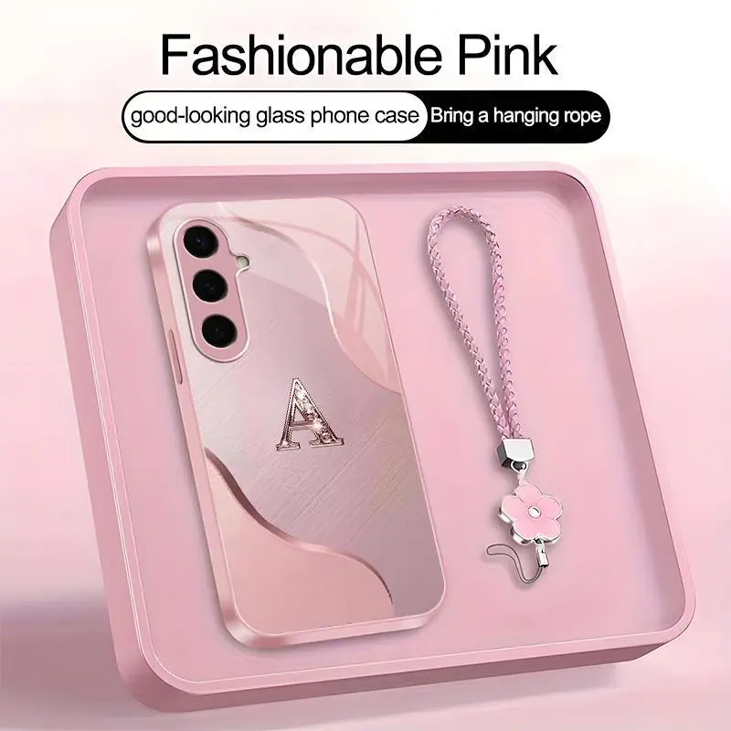Wave Art 26 letter Phone Case, Suitable for [Galaxy S24] high-end women's, Lanyard a beautiful four-leaf clover lanyard is included🍀 952