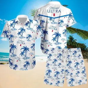 M.U Hawaiian Shirt Blue Palm Tree Print Men Women Loose Fit Breathable Beach Vacation Summer Festival Casual Streetwear Button Down Aloha Fan Gift
