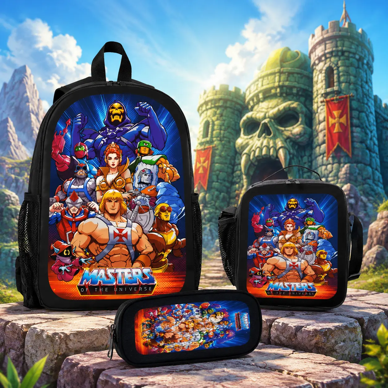 He-Man and the Masters of the Universe 3PCS Backpack Set Cute Aesthetic School Bookbag Teens Lightweight Travel Daypack TikTok Viral Gift Boys Girls School Lunch Bag Pencil Case Back to School Gift Daily Use Durable Large Capacity