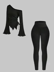 Two-Piece Set Women's Solid Ribbed Long Sleeve Top & Flare Leg Pants, Casual Fashion Cozy Top & Bell Bottom Trousers for Daily Outdoor Wear, Ladies Clothes for All Seasons, Suits, Fall outfit