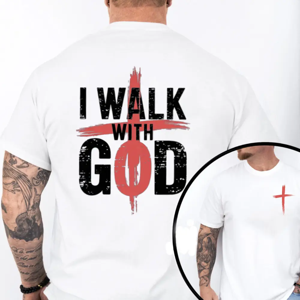 I Walk With God Graphic Tee Pure Cotton Casual Street Style Crew Neck Short Sleeve T-Shirt Tops Trendy For Women For Men, Perfect Gift Fabric