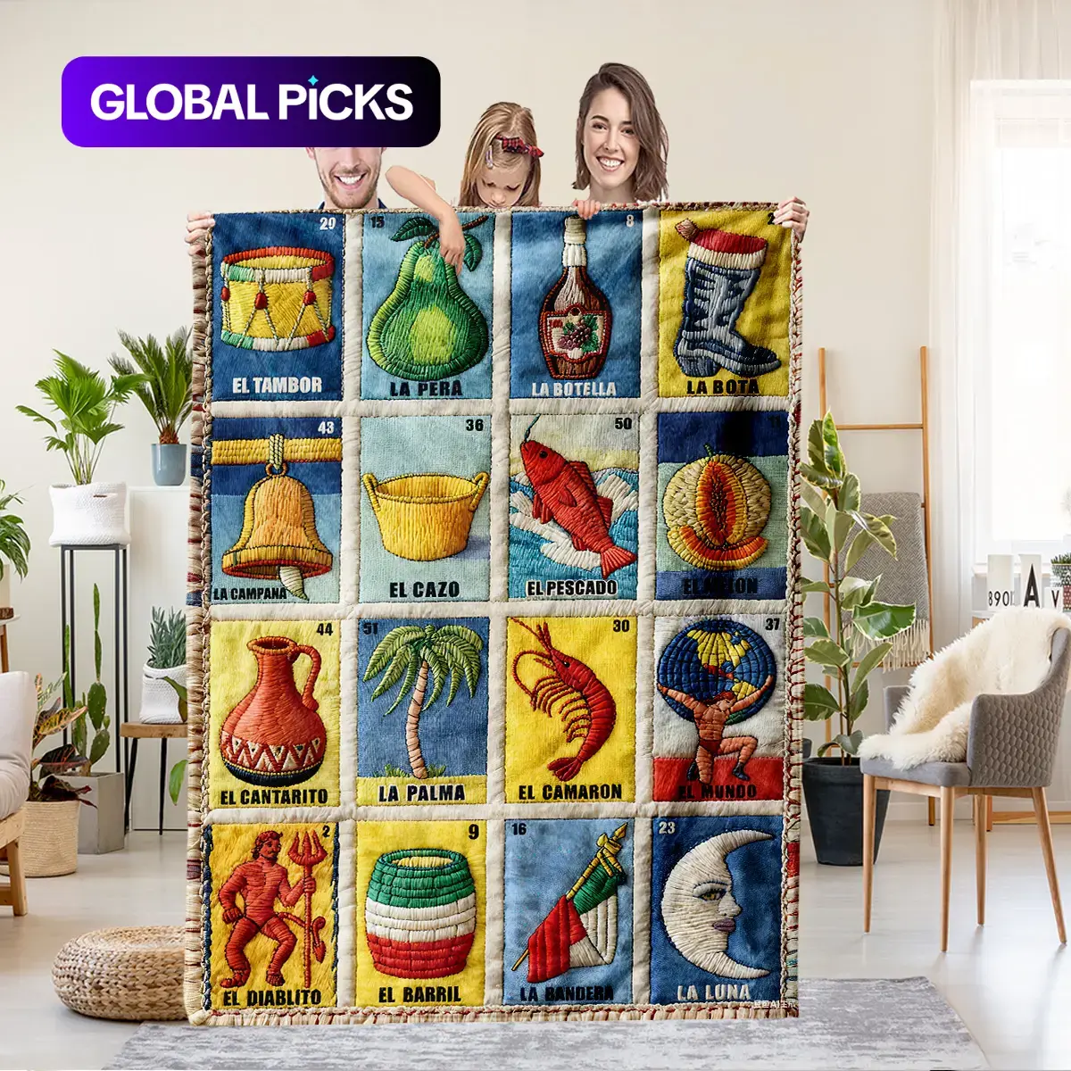 Mexican Loteria Card-Themed Quilted Flannel Throw Blanket, Multifunctional Blanket, 1 Count All-Season Flannel Cozy Blanket for Sofa, Bed, Camping and Travel, Gift for Card Lovers #GLOBAL PICKS