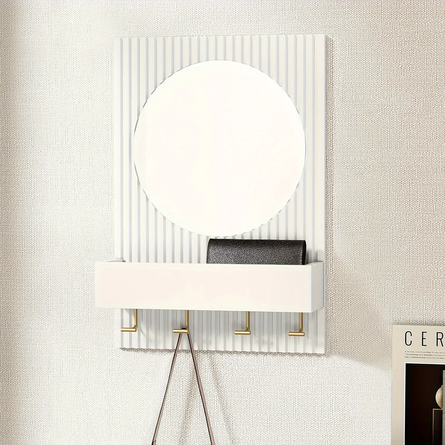 Modern Homeowners' Round Wall Mirror with Shelf & Hooks - Aesthetic, Minimalist Design for Entryway, Bathroom, Bedroom | Space - Saving, Decorative, Functional Mirror