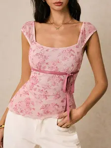 Pink Top, Asymmetrical Hem T-Shirt,Mesh Top, Comfortable And Breathable,Women Floral Print Square Neck Tie Front T-Shirt,Suitable For Daily Wear, Going Out, Beaches, Vacations, Dates