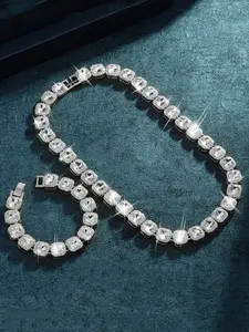 Square Rhinestone Zircon Chain Necklace, Unisex Streetwear Party Jewelry, Hip Hop Cuban Link Necklace for Men and Women, Maximalist Jewelry