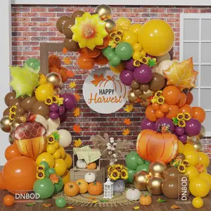 Fall Harvest Thanksgiving Balloon Arch Kit,144Pcs Burnt Orange Yellow Sage Green Brown Balloon Garland with Maple Leaves,Acorn,Pumpkin,Sunflower Foil Balloons for Friendsgiving Autumn Party Decoration