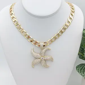Yordy Choker with Starfish for women, 10mm and 20" Cuban link chain with 14k gold plating, high charity.