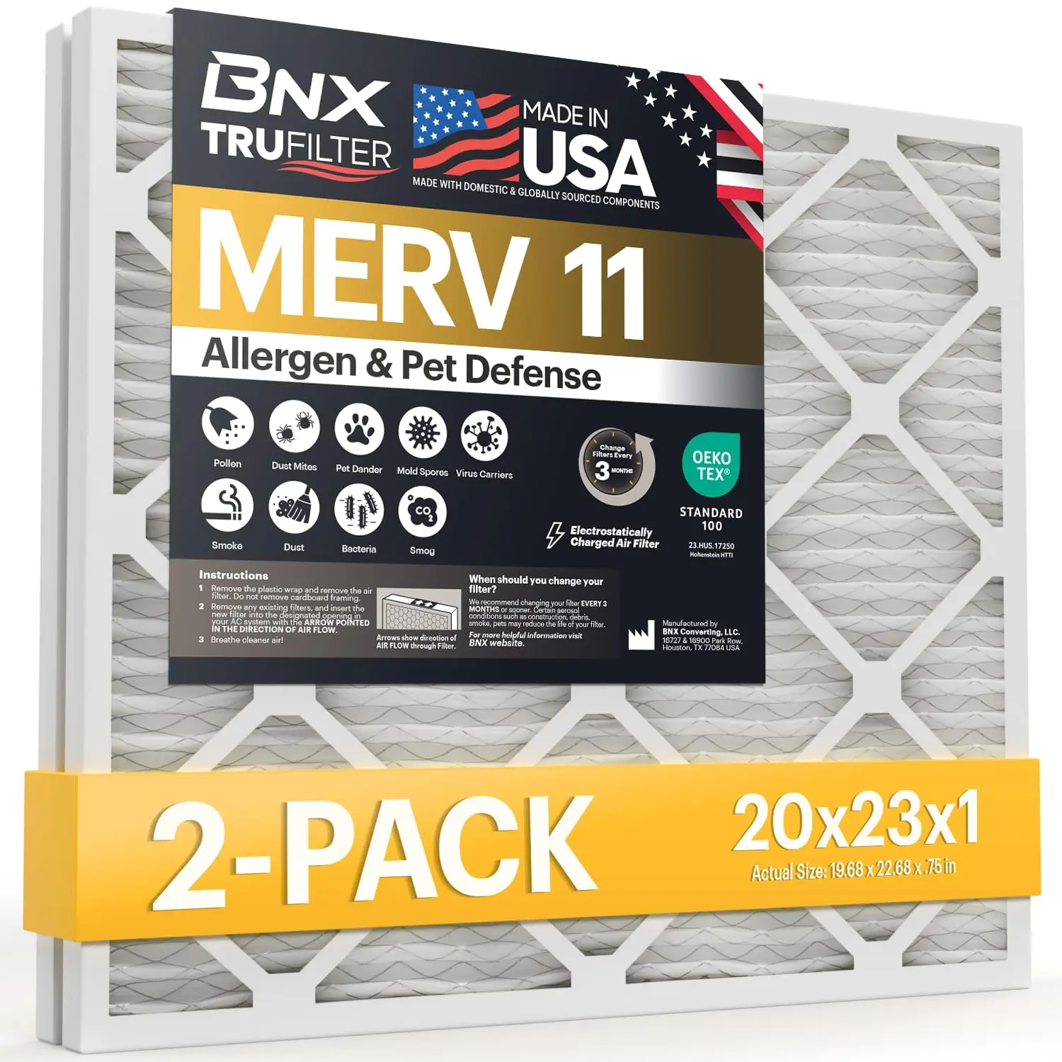BNX TruFilter 20x23x1 In Pleated Air Filter MERV 11 (2-Pack) - MADE IN USA - High-Efficiency Filtration Electrostatic Allergen Defense HVAC AC Furnace Filter for Allergies, Dust, Pet Dander - MPR 1200 FPR 7 - Manufacturer Warranty