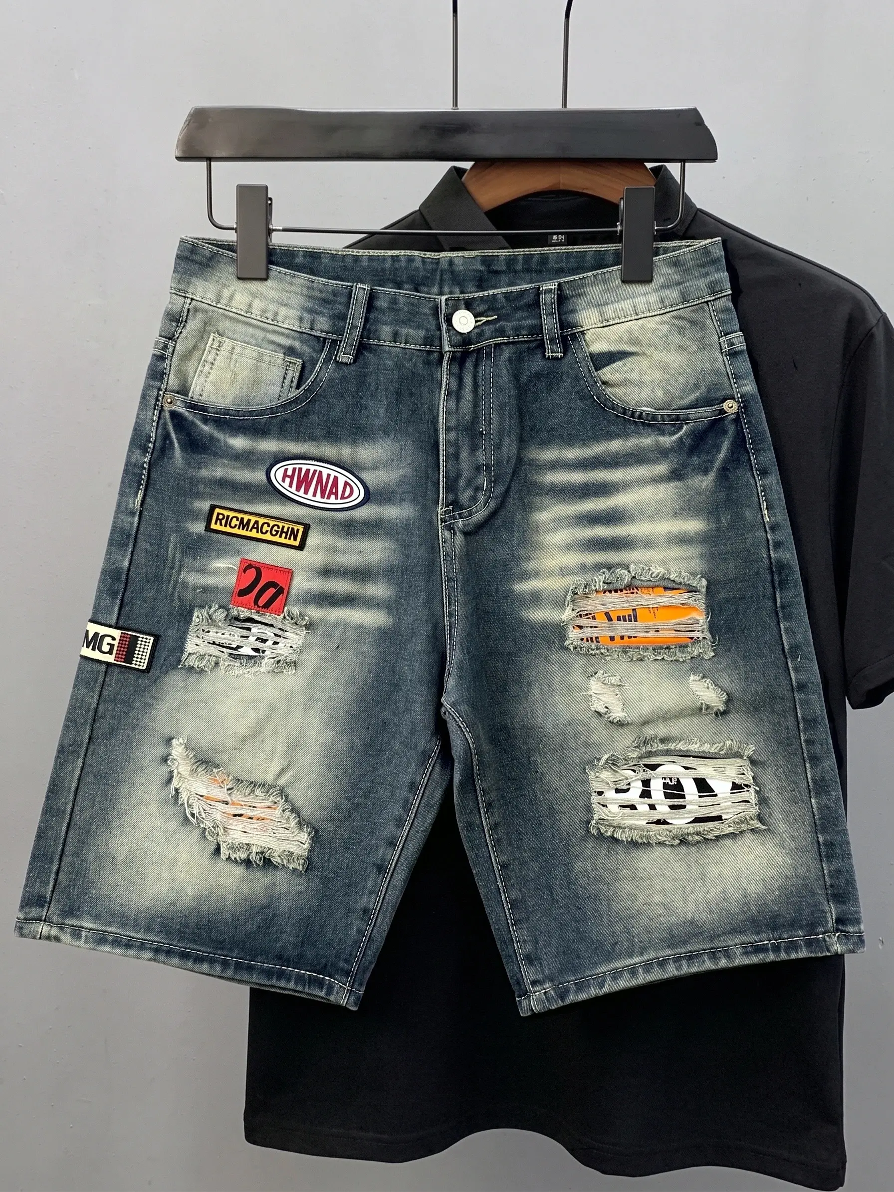 Men's Premium Ripped Patchwork Medium Blue Denim Shorts,Y2K Skater Aesthetic Vintage Whiskered Jean Shorts,Summer High-Street Essentials