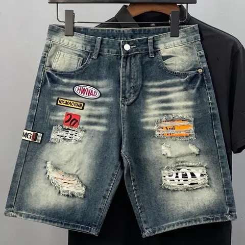 Menswear Streetwear Straight Denim Shorts - Men's Premium Cotton-Polyester Fabric, Medium Blue, Cuffed, Distressed Ripped, Patchwork, Vintage Whiskered, Embroidered Badge Graphic, Aesthetics-Focused Summer High-Street Essentials