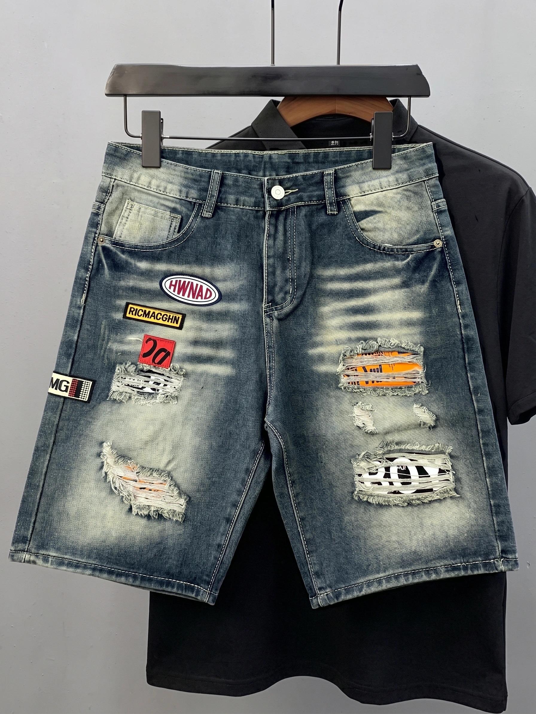 Men's Premium Ripped Patchwork Medium Blue Denim Shorts,Y2K Skater Aesthetic Vintage Whiskered Jean Shorts,Summer High-Street Essentials Streetwear Graphic