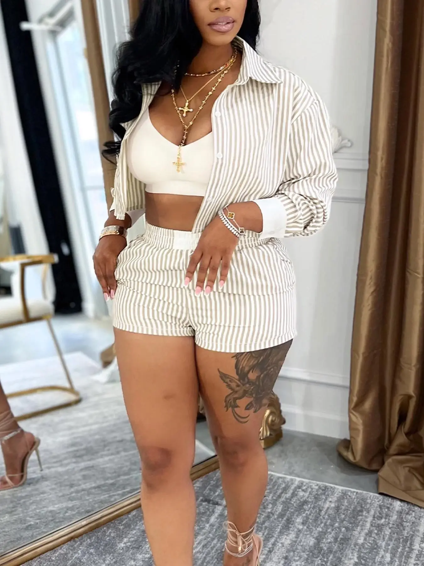 Women's Striped Print Button Long Sleeve Shirt & Shorts, Fitted Collared Top & Shorts for Daily Wear, Ladies Two-Piece Outfits for Spring & Summer, Casual Fashion Matching Set, Summer Sets, Womenswear