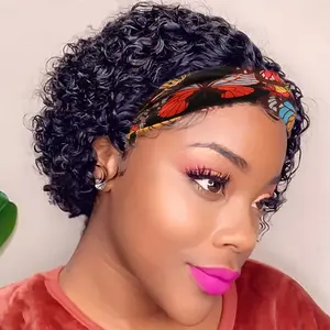 Wholesale Fashionable Glueless Pixie Cut Headband Wig for Women - Natural Black Short Curly Human Hair, 150% Density, Easy Put-On with Vibrant Floral Headband, Afro Kinky Style, Rose Net Cap, Perfect for Everyday or Vacation Looks, Hair Wig
