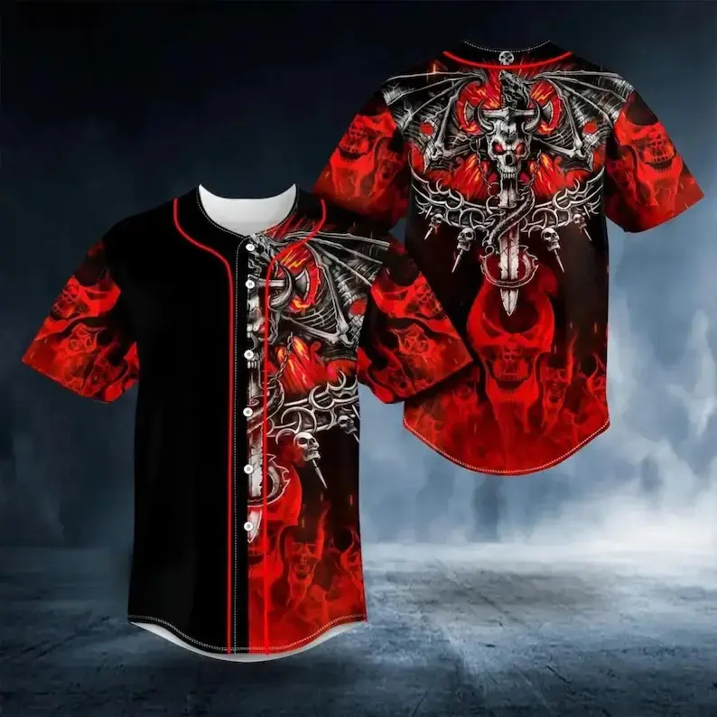 Gothic Demon Wing Skull Baseball Jersey, Black Red Button Front Short Sleeve Shirt, Dark Streetwear for Men Women