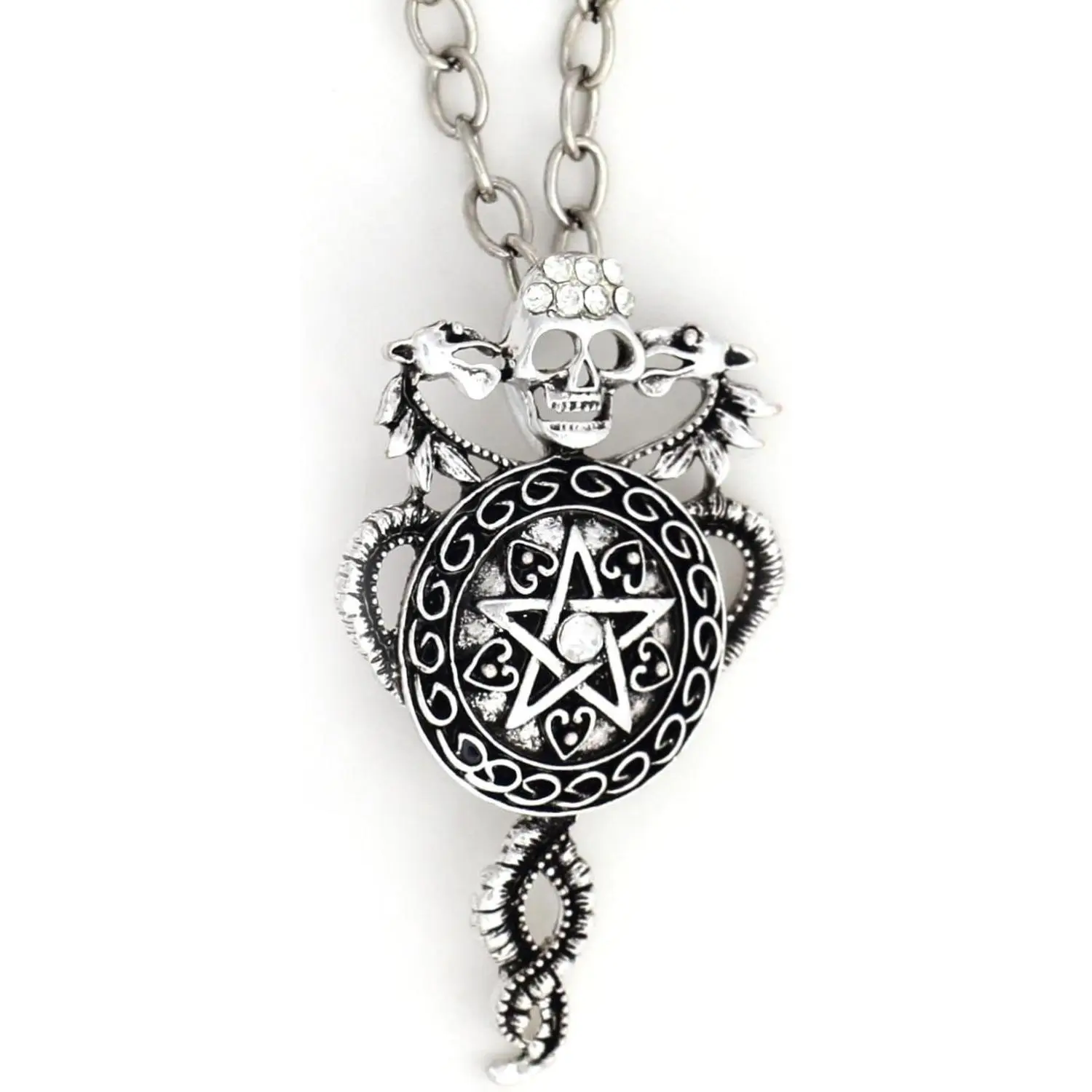Kundalini Pentagram Necklace Silver Tone Skull Pentacle Dragons Crystal Star Pendant with 26-inch Chain for Adults