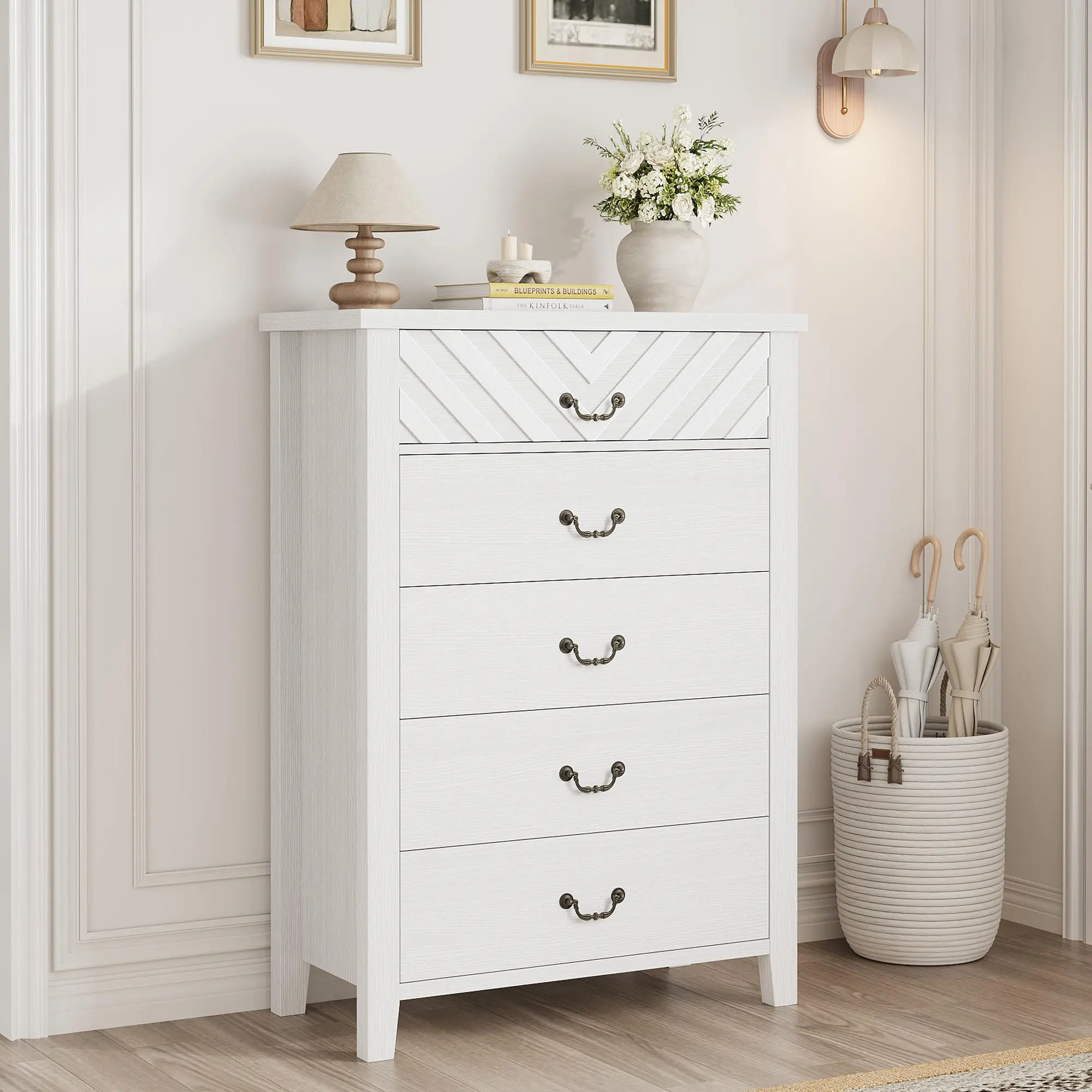 5-Drawer Wooden Dresser Nightstand - Elegant V-Shape Storage Organizer with Drawers, Assembly Required, Labeled Components, Step-by-Step Instructions for Bedroom, Living Room