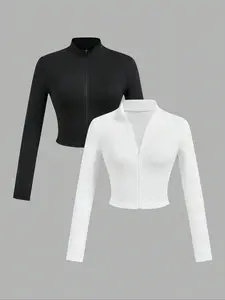 Women's Solid Zip Up Crop Tee, Casual Long Sleeve T-shirt for Spring & Fall, Ladies Clothes for Daily Wear