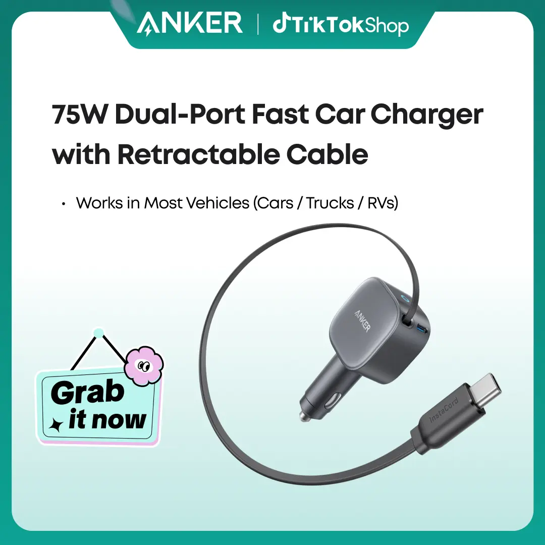 Anker USB-C Car Charger, 75W Max Fast Charging, Sleek and Compact Design with Retractable Cable, for iPhone 17 / 16 / 15 Series, Samsung S24 / S23, MacBook, and More