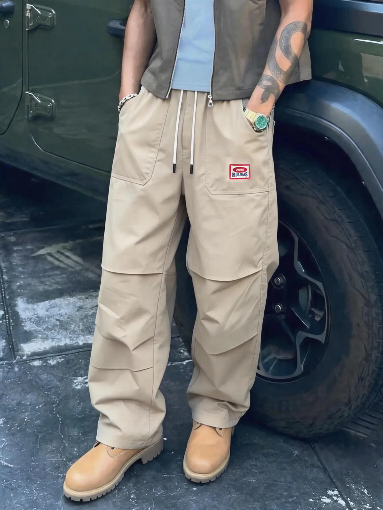 Men’s Khaki Pleated Wide-Leg Polyester Cargo Pants - Menswear, Mid Waist, Stylish, Label Patch, Elastic Drawstring, Loose Casual Street Style Workwear Trousers, All Season