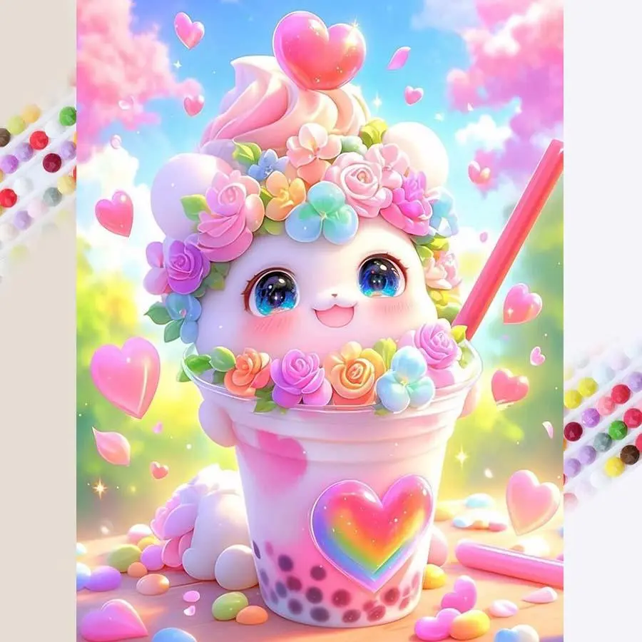 5D DIY Handmade Diamond Painting Kit, Cute Milk Tea Cup Design, Full Round Drill Mosaic Art, Home Decor Handmade Gifts, Creative Needlework Craft, Handcraft, Handicraft