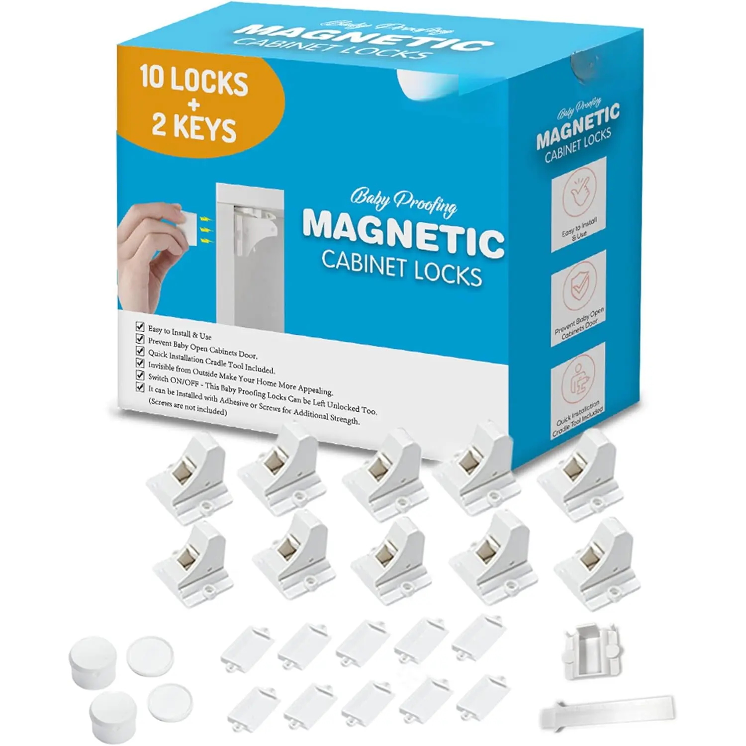 Adhesive Magnetic Locks for Cabinets & Drawers (10 Locks and 2 Keys)