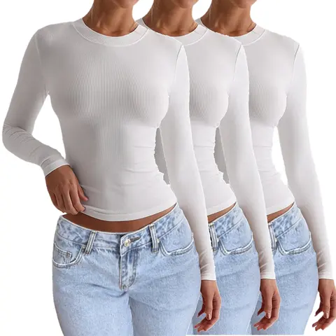 EncoLax Womens Ribbed Long Sleeve Crewneck Shirts Fitted Sweaters Slim Fit Basic Casual Tops