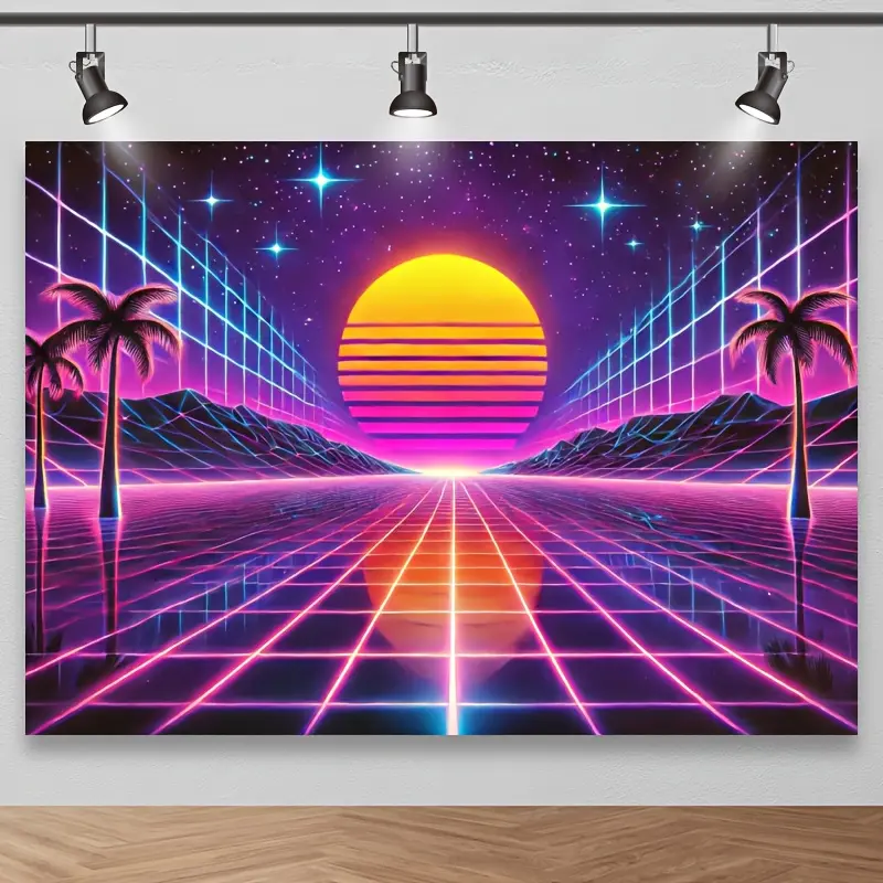 Retro Futuristic Sunset Photography Backdrop - 1980s Neon Synthwave Landscape with Palm Trees, Geometric Patterns & Starry Sky - Polyester Studio Background for Nostalgic Shoots, Studio Photography Backdrop Camera Smartphone