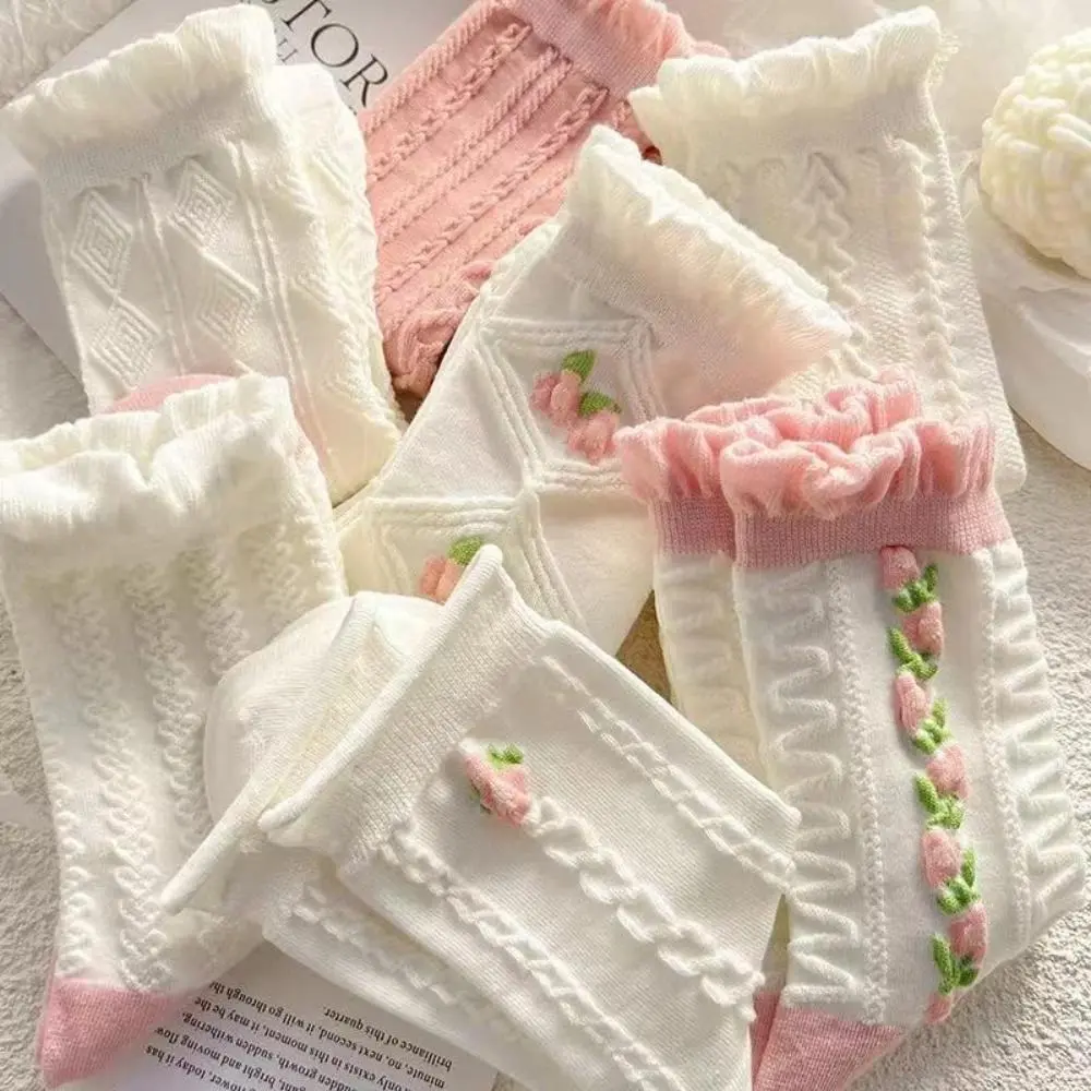 Girls' Vintage Style Crew Socks, 5-Pack Soft Breathable Dress Socks with Floral, Striped & Ruffle Trim Patterns for Daily Wear