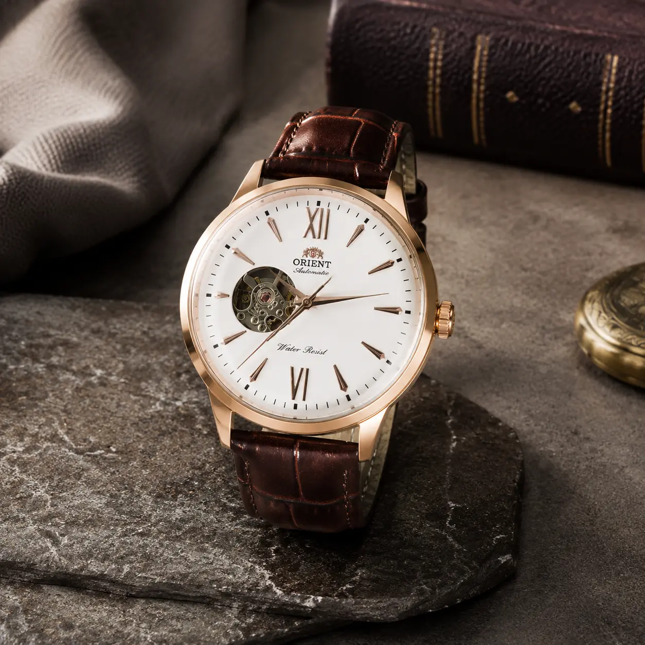Pearlora Double Lion Classic Watch Series Automatic Mechanical Watch with Rose Gold Accents Brown Leather Strap for Men