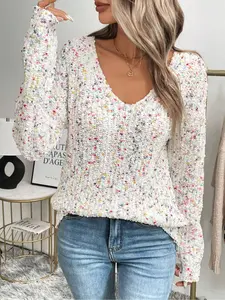 New Fashion Style V Neck Colorblock Long Sleeve Sweater, Casual Knitwear for Fall & Winter, Stylish Womenswear, Women's Fitted Pullover, Comfortable and Warm