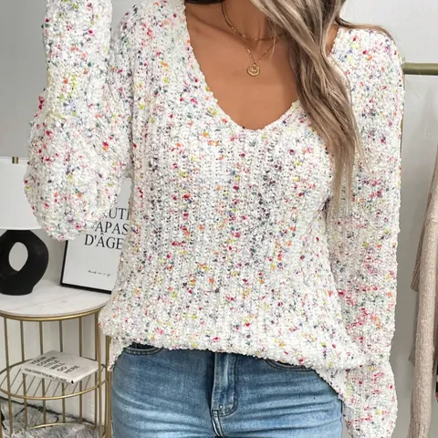 New Fashion Style V Neck Colorblock Long Sleeve Sweater, Casual Knitwear for Fall & Winter, Casual Chic Knitwear, Stylish Womenswear, Women's Fitted Pullover, Comfortable and Warm Garment