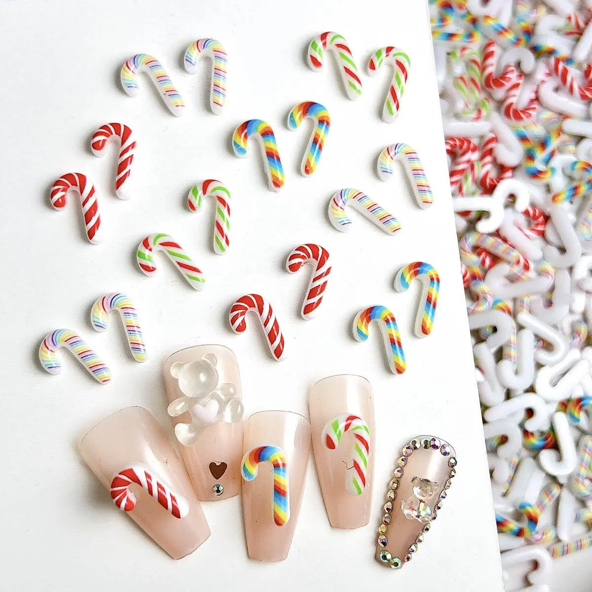 20PCS Luminous Creative Simulated Candy cane Resin Nail Charms Novel Colored Cane Nail Art Decorations DIY Christmas Series Nail