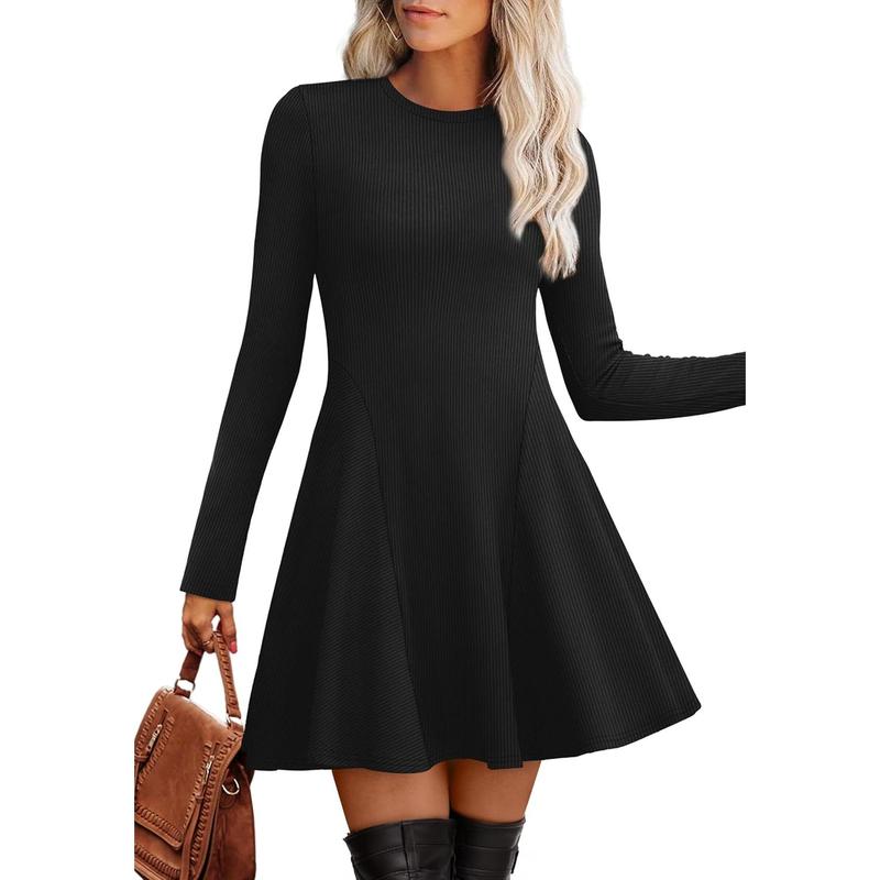 OFEEFAN Sweater Dress for Women Fall 2025 Long Sleeve Crew Neck Ribbed Knit Fit and Flare A-Line Dresses