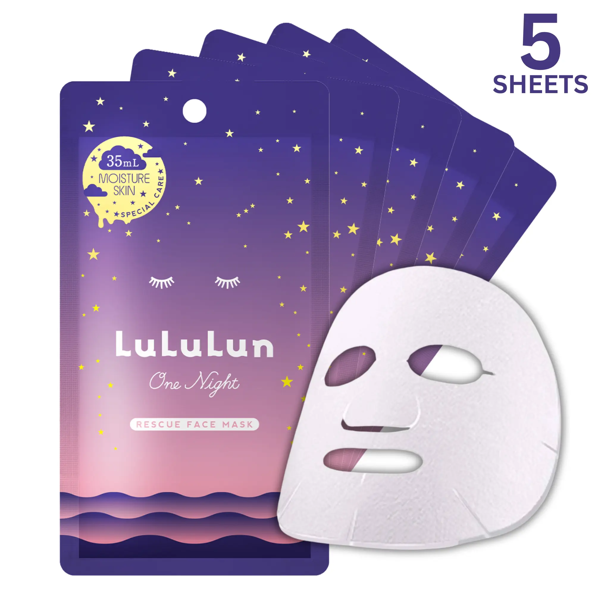 Lululun Skin Care Face Mask for Dry Skin 5EA, Hydrating Face Mask Skincare with Lavender& Vitamin E, Japanese Moisturizing Facial Mask & Sheet Mask for Hydration & Sensitive Skin, ONENIGHT MOIST