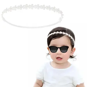 Z-HDW58   Adjustable Baptism Headband for Girl, White 15.75 inch Lace Baby Headband Baptism Hair Accessories for Girls, White Newborn Bow Flower Christening Hairband with Pearl for Toddlers Baptism