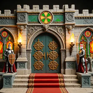 Medieval Castle Knight Theme Background Cloth, Vintage Stone Castle, Gold Armor Knight, Colorful Stained Glass Windows, Party Decorations