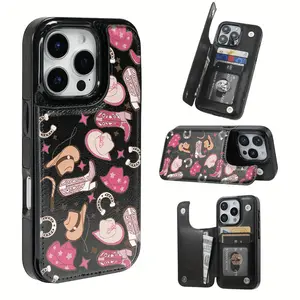 Beautiful Pink Western Cowboy Boots Hat Pattern Leather Card Holder Phone Case,Suitable for iPhone 17 Air/16 Plus/15 Pro Max/14 Pro/13/12/11/XS Max/X Phone Case, Perfect Gift for Thanksgiving and Christmas for Family, Friends, Lovers, Boyfriend,Girlfriend
