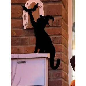 21cm-Halloween Black Cat Door Corner Decoration, Bat, Cat Sitting On Door Corner, Halloween Decoration Door Sign, Halloween Decoration Magic Cat Sitting On Door Corner Home Decoration, Cute And Fun Cat Lover Gift, Ideal Family Gift,