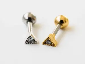 Cz Tiny Triangle Earring • Tiny Pave Cartilage Earring • Triple Helix Stud • Cute Conch Piercing • Mini Tragus Labret • Small Pave Nose Stud