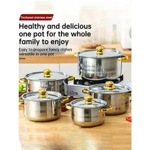10pcs Stainless Steel Cookware Set, 5 Pots + 5 Lids, Stainless Steel Double Handles With Lids, Deep Soup Pot, Suitable For Home And Restaurant Cooking, Ideal For Soup, Hot Pot, Noodles, Pasta, Seafood, Mother's Day Gift Kitchenware Multicolor
