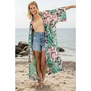 Gigio Scarf Tie Floral Print Kimono Cover Up - Green Mix