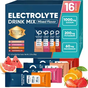 [USA Stock] -  High Sodium Sugar Free Electrolytes Powder Packet - Hydration Packets with Vitamin, Sodium & Potassium | Zero Calories | Vegan, Keto & Paleo Friendly Electrolyte Drink Mix - 16 Sticks