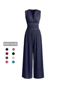Valentine's Day Women's Plain Ruched Deep V Neck Ribbed Jumpsuit, Elegant Sleeveless Wide Leg Jumpsuit for Summer, Ladies Clothes for Beach Holiday Vacation