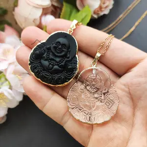 Natural Crystal Obsidian Maitreya Buddha Sakya Men's and Women's Necklaces White Crystal Ornament Gold-Plated Sweater Chain