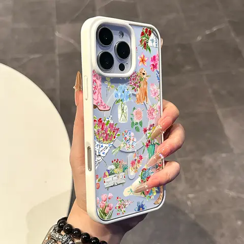 Magnetic Silicone Smartphone Case for iPhone 17,16 E Pro Max,15 Plus,14,13,12,11,XS,XR - Pastel Floral Art with Boots & Dog Print, Lightweight, Easy to Carry, Scratch-Resistance, Long-Lasting Mobile Phone Accessories