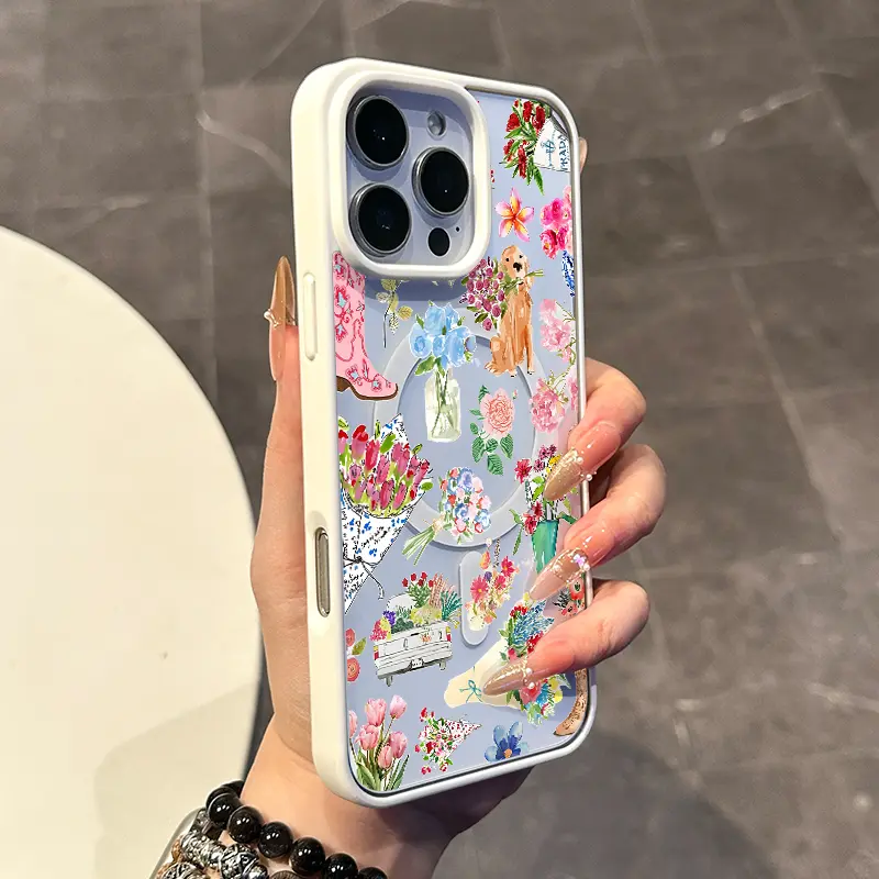 Magnetic Silicone Smartphone Case for iPhone 17,16 E Pro Max,15 Plus,14,13,12,11,XS,XR - Pastel Floral Art with Boots & Dog Print, Lightweight, Easy to Carry, Scratch-Resistance, Long-Lasting Mobile Phone Accessories