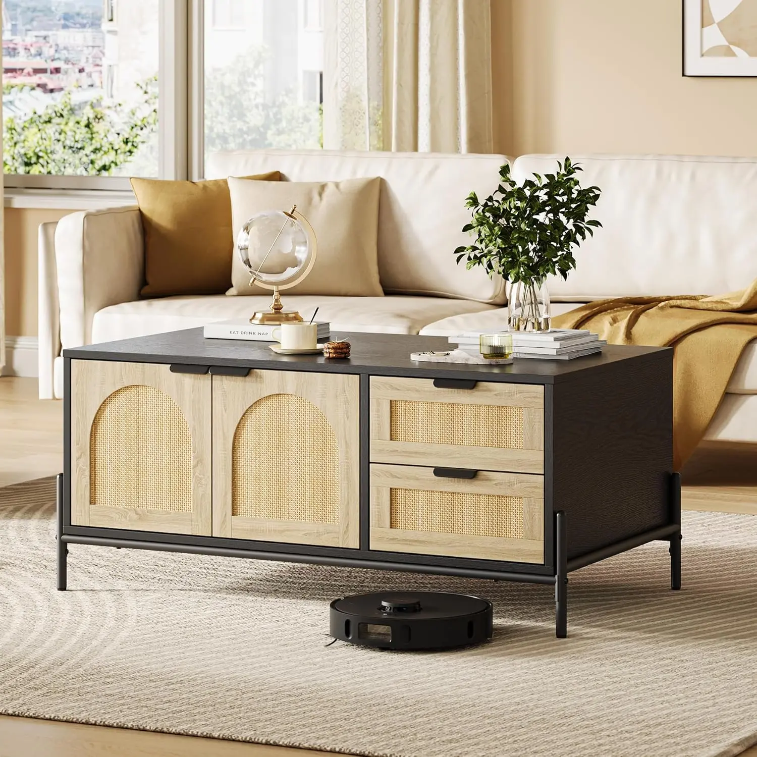 Mid-Century Modern Rattan Coffee Table with LED Lights, 2 Storage Drawers, 2 Arched Doors, Oak-and-Black Finish for Living Room, Modern Accent Table, Contemporary Coffee Table